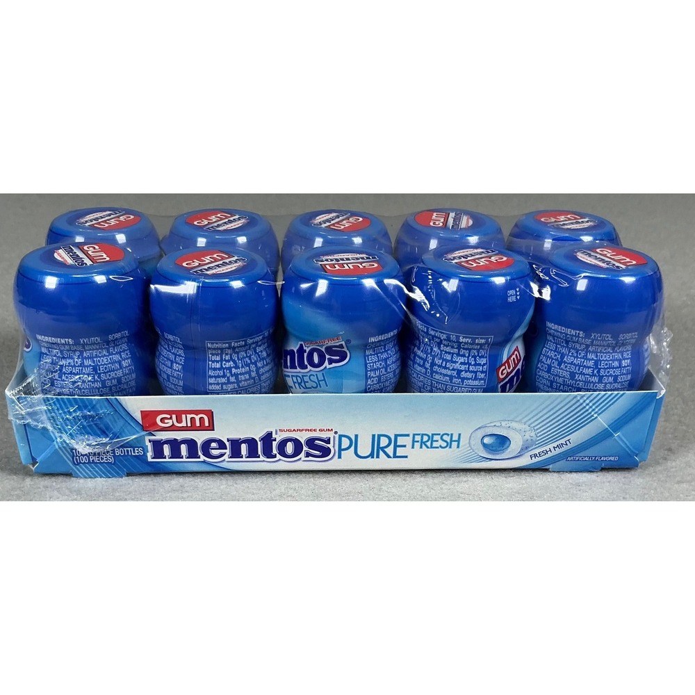 Mentos Pure Fresh Sugarfree Gum Fresh Mint 10 Count Bottles 100 Pieces‎ Total
